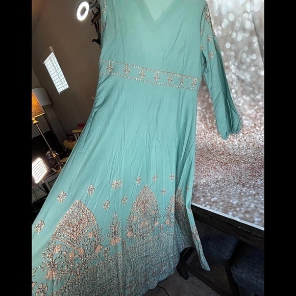 Bohemian Embroidered V Neck Maxi Dress Teal Long Sleeve Flowy Resortwear XL - Picture 4 of 8